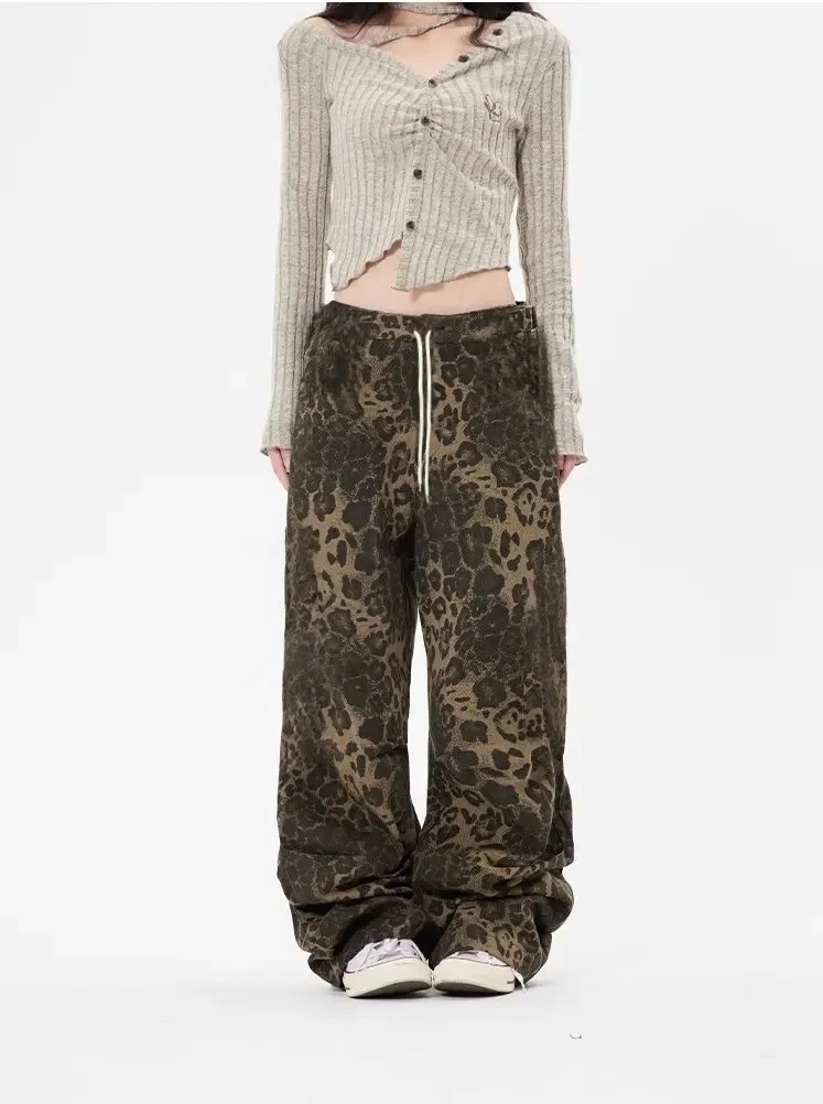 2026 Summer High Street Men's Pants Leopard Print Casual Vintage American Denim Pants Straight Wide Leg Loose Male Trousers Kids