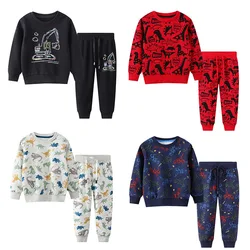   Jumping Meters Hot Selling Boys Girls Hooded Clothing Sets Dinosaurs Print Autumn Winter Kids Outfits Hooded + Sweatpants Suit