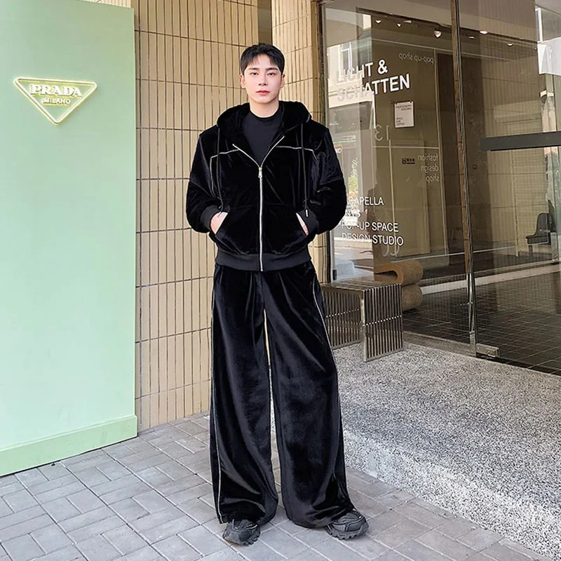 Spring Autumn Men Velvet Sets Jacket Pant Korean Streetwear Loose Casual Vintage Hooded Jacket Wide Leg Baggy Pants Tracksuits