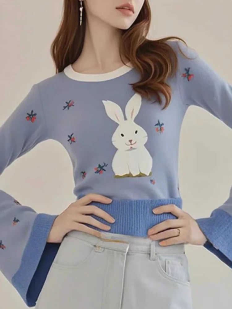 

Fashion Design Pullovers O Neck Flare Sleeve Cartoon Jacquard Patchwork Short Sweaters Female Slim Elegant 2024 Women's Clothing