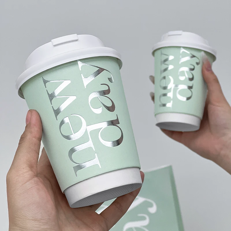 

25 sets Green thick packaging milk tea coffee hot drink paper cups 400ml party birthday wedding favors juice cup with lid