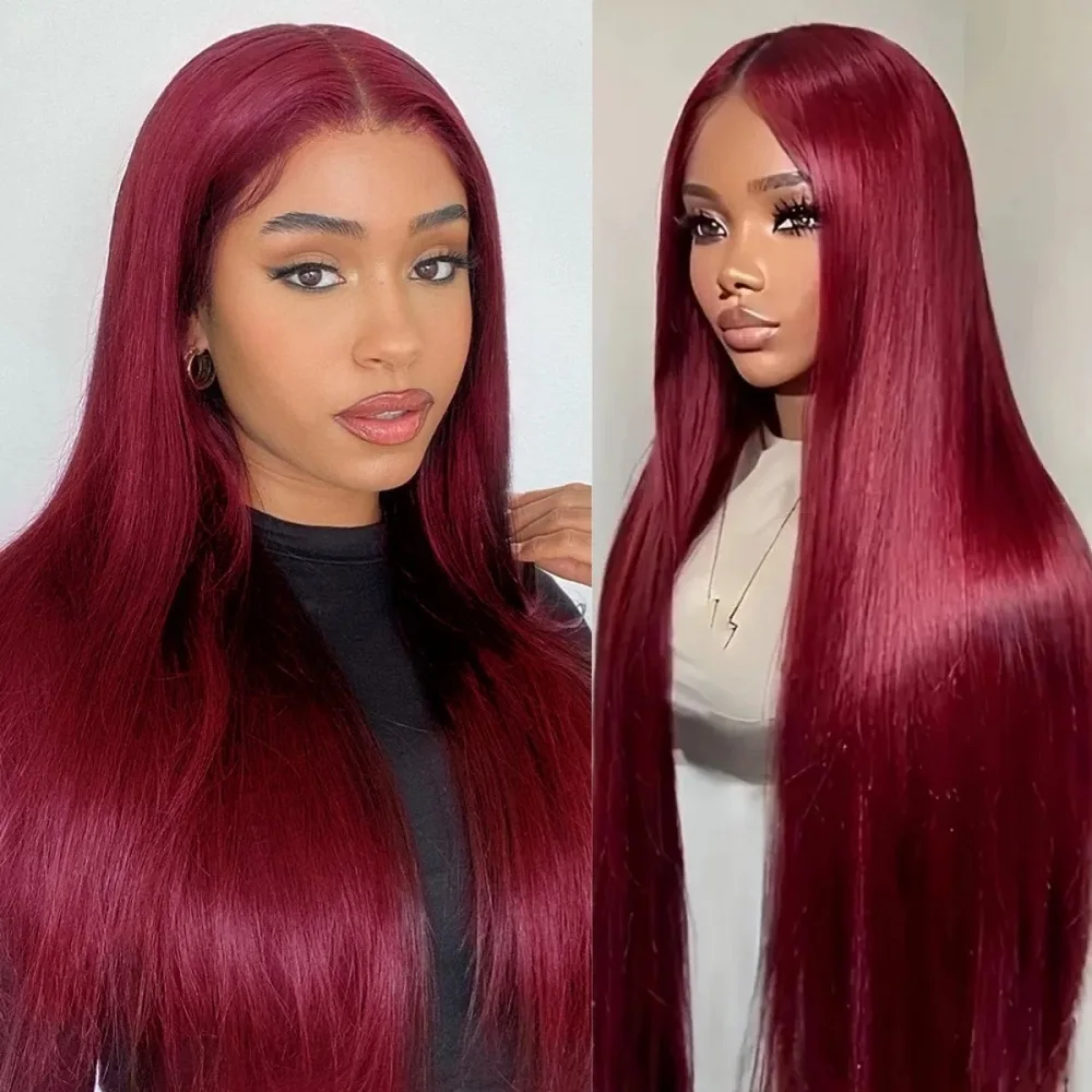 

200 Density 13x4 13x6 HD Transparent Full Lace Frontal Wig 99J Burgundy Colored Straight Human Hair Wigs For Women 44 46 Inch