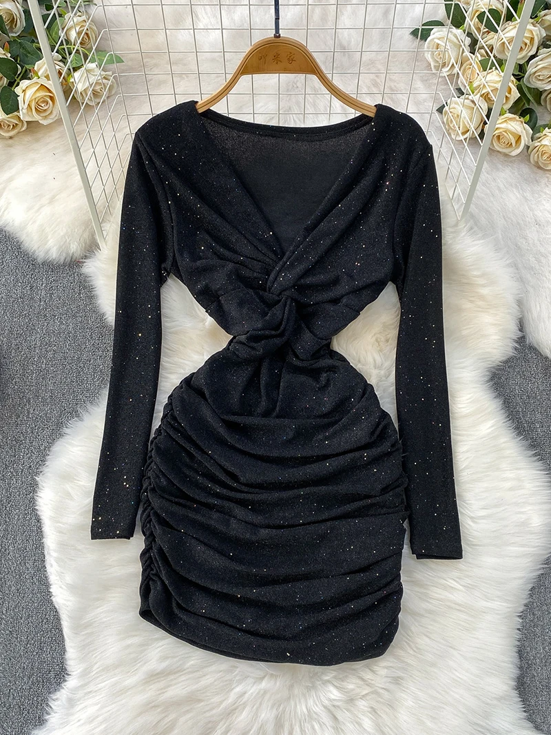 

Элегантное облегающее платье с длинными рукавами и пайетками для женщин, с V-образным вырезом, весна-осень, с эффектом утяжки талии и подчеркивания бедер