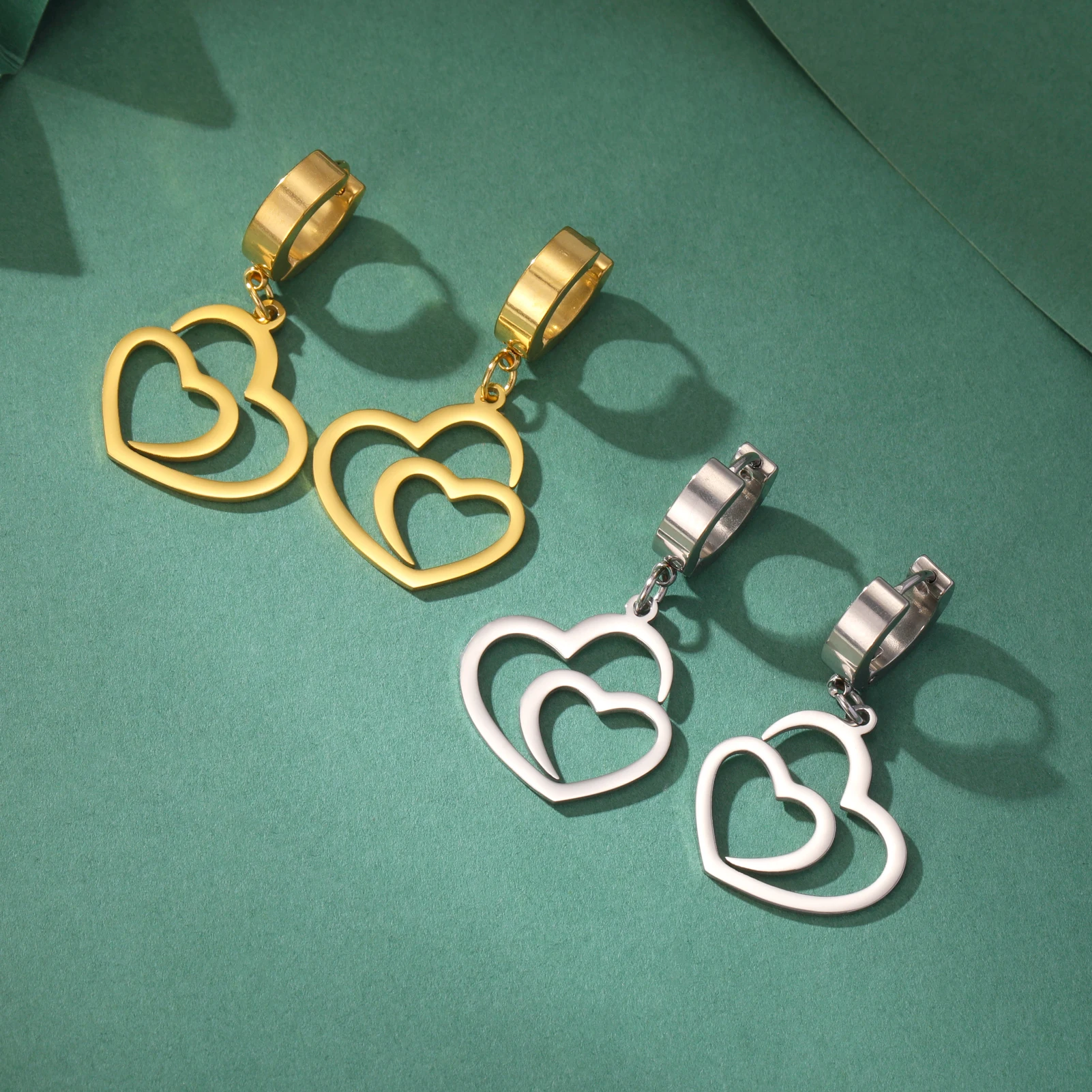 COOLTIME Double Love Heart Drop Earrings for Women Stainless Steel ﻿Gold Color Fashion Wedding Earrings Jewelry Pretty Gift