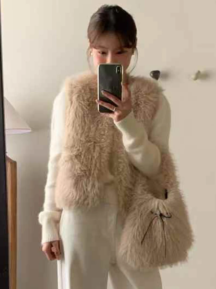 

Korean Sle Cute Agel Design Fluffy Svel Warm Vest Set with Knot Bag Women's Trendy Faion Fce Lined