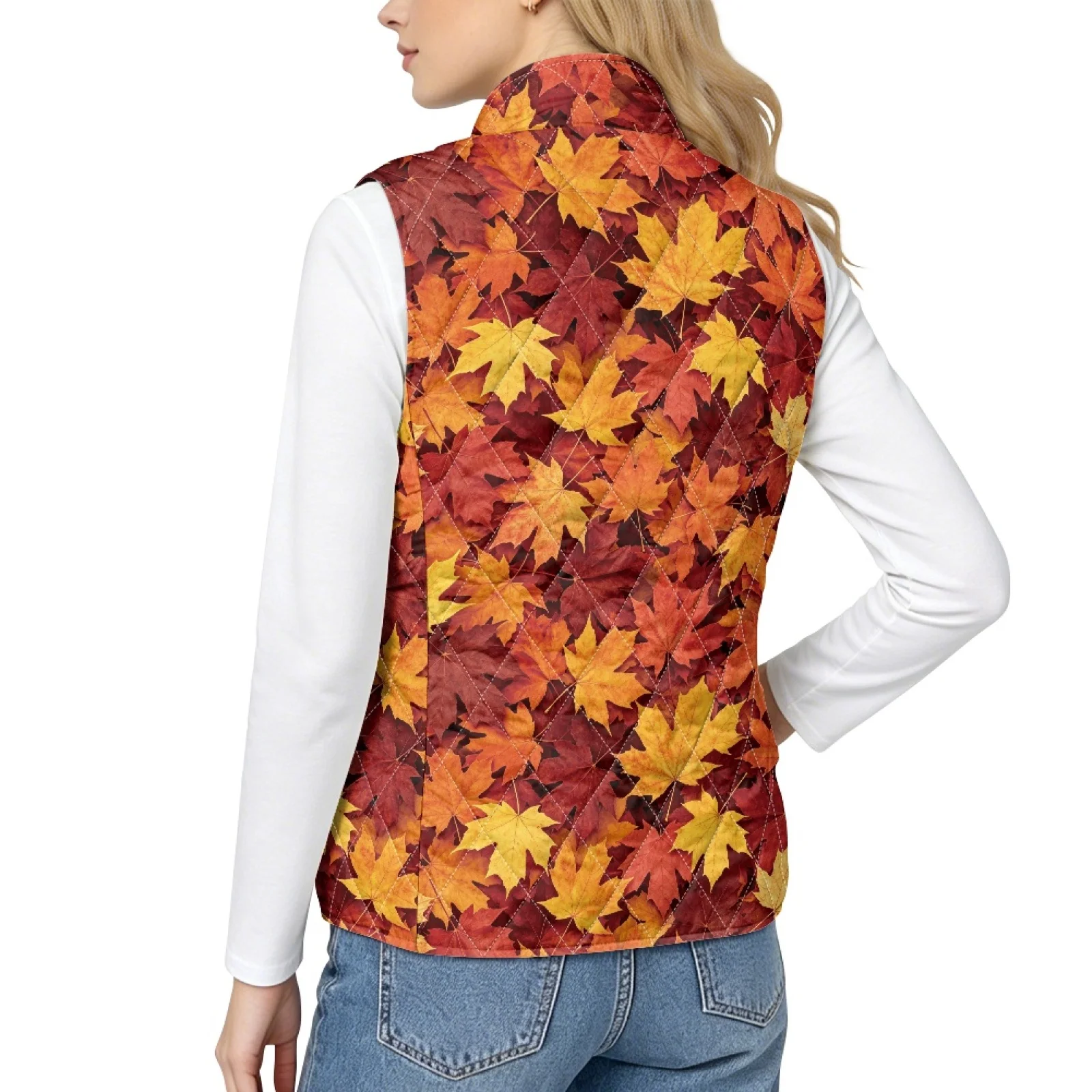 PENSTROLL Maple Leaf Mom Vest Casual Warm with Pockets Women's Quilted Vest Quilted Jacket Vest for Vacation Fall