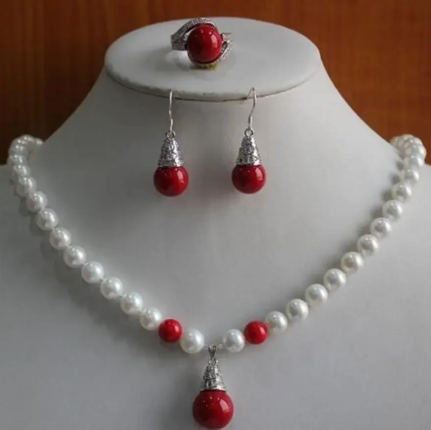 

silver Hot Jewelry 8mm12mm Tiger Eye yellow pink black Jade shell pearl Pendant Necklace Earring Ring Set