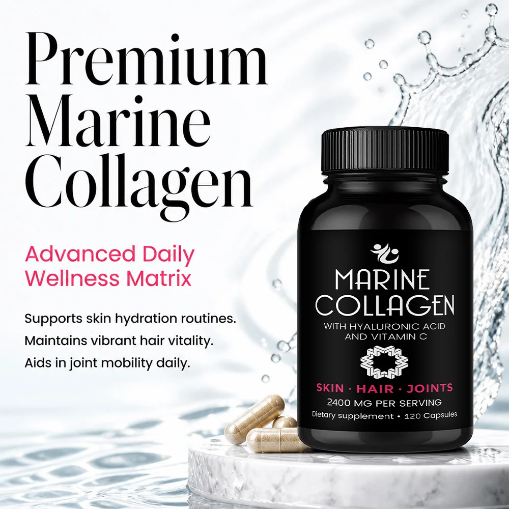 Marine Collagen Capsules 2200mg - with Hyaluronic Acid & Vitamin C, for Skin Hair Support, Collagen Supplements for Women & Men