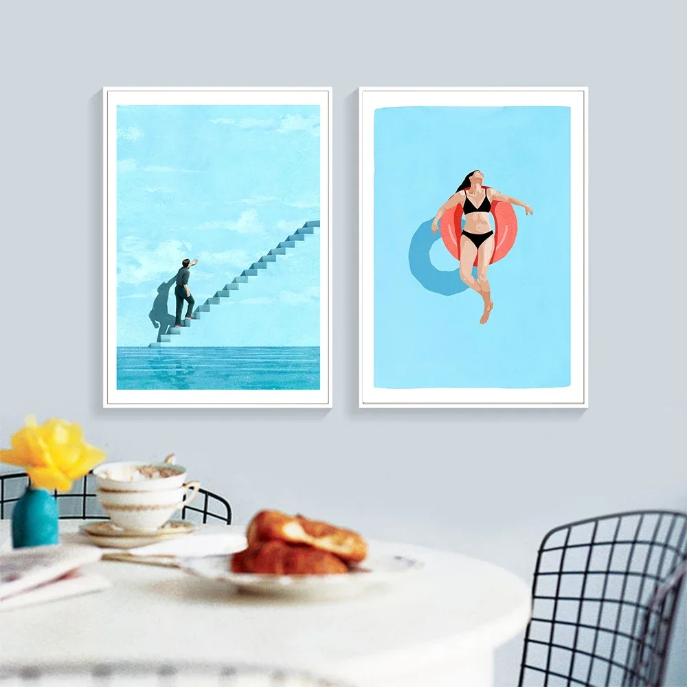 Pintura en lienzo de estilo nórdico azul para piscina, carteles e impresiones de escalera de ensueño, imágenes de pared para decoración del hogar y la sala de estar