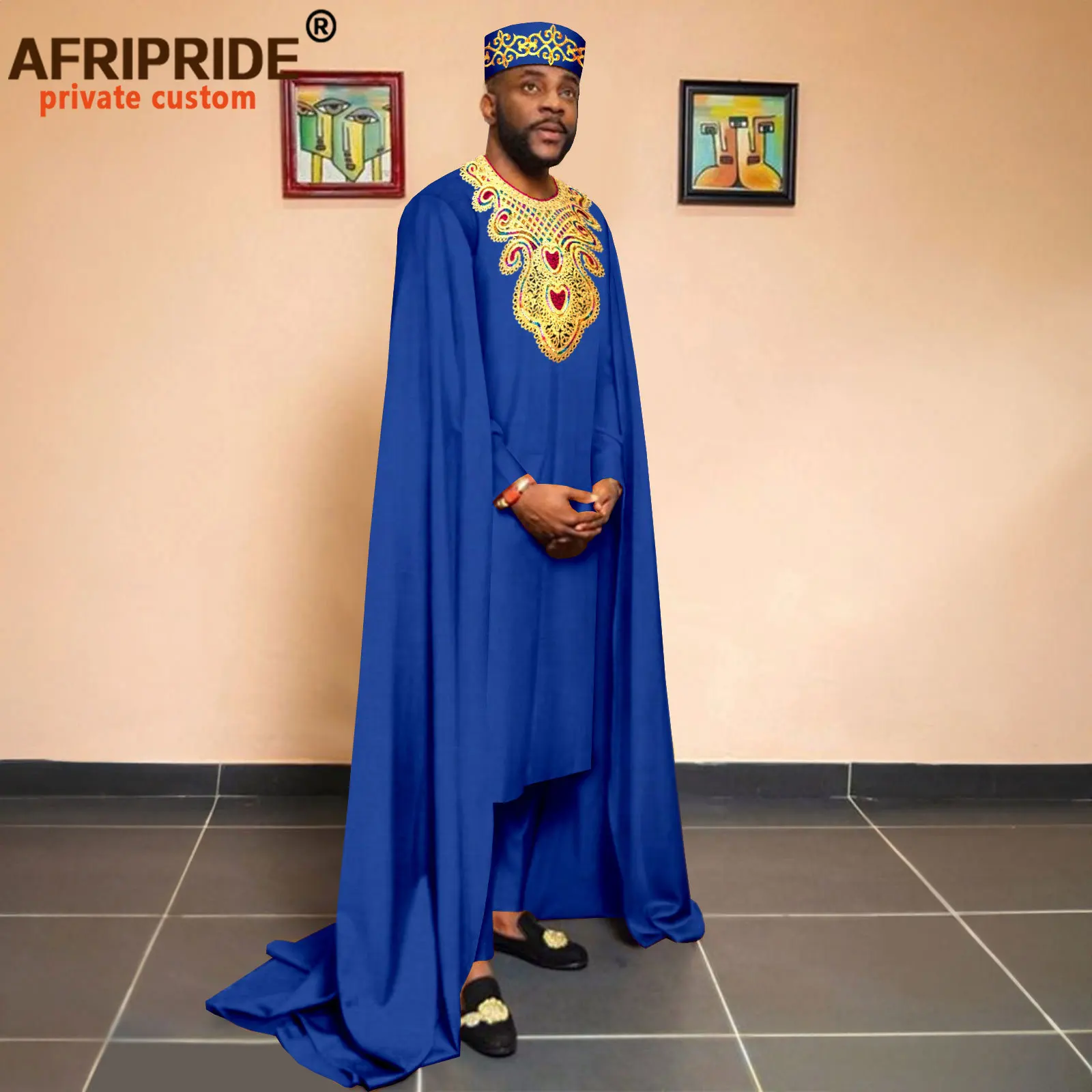 African Clothes for Men Embroidery Agbada Robe Pants Tribal Hat 3 Piece Set Wedding Evening Outfits Traditional Attire 2416030