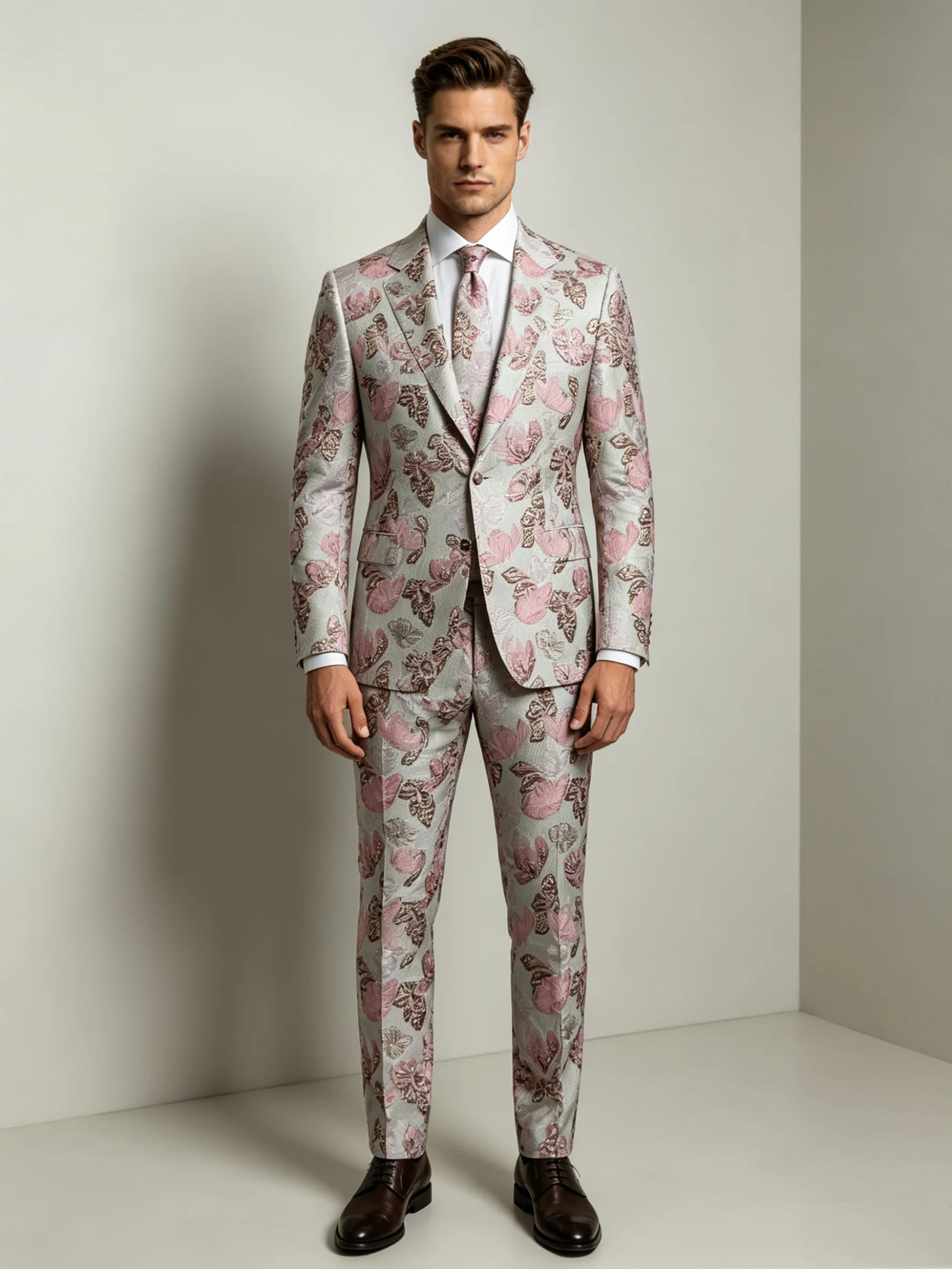 

Burgundy Floral Men Suit Set 2 Piece Blazer+Pants Cotton Prom Wedding Tuxedos Coat Customized Formal Office Fashion Groom Jacket