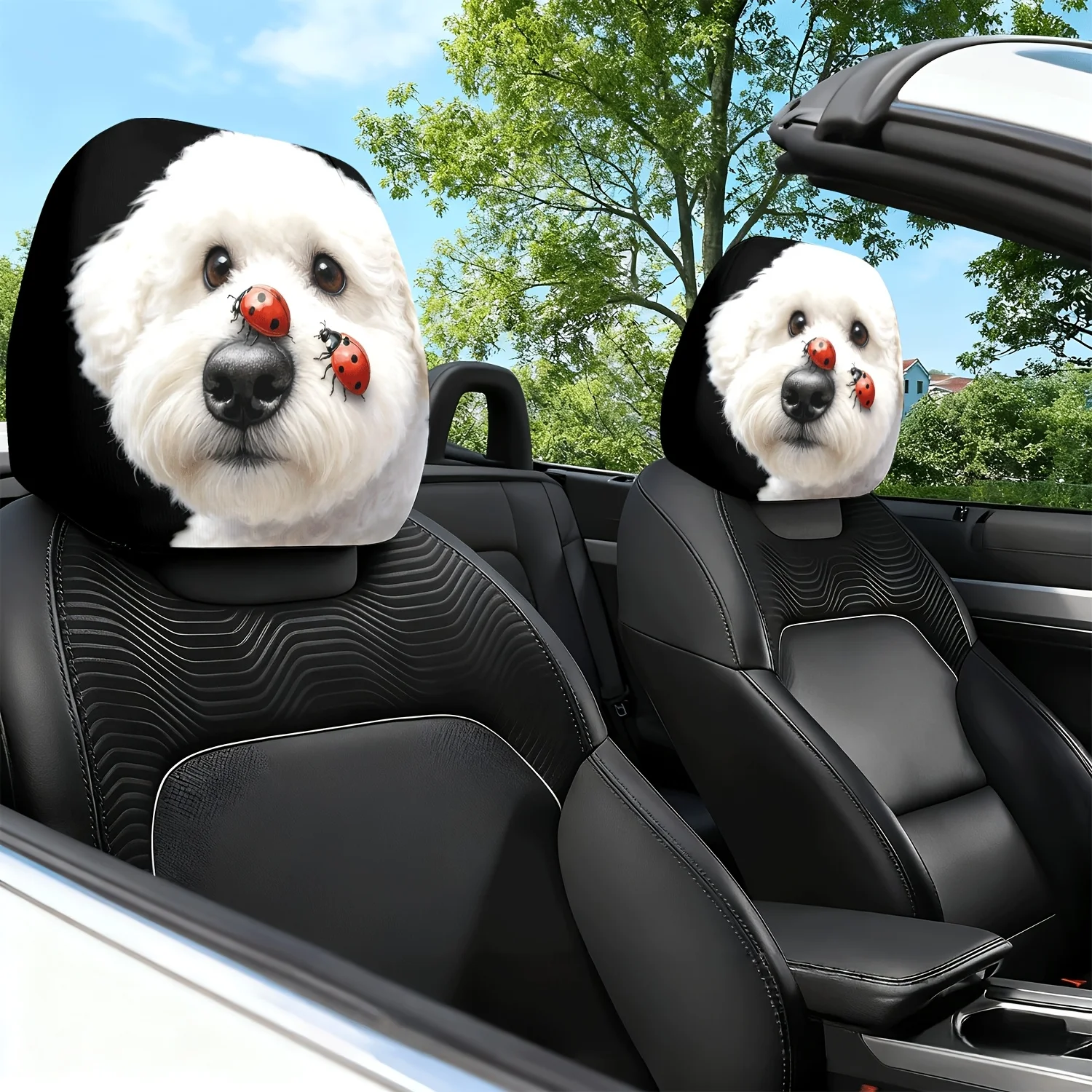 2 Stück Auto-Sitzkissen mit Aufdruck „Cute Dog And Ladybug'S Fantastic Encounter Theme“ und niedlichem Design – mit niedlichem Design – als Kopfstützen- und Nackenkissenbezug.