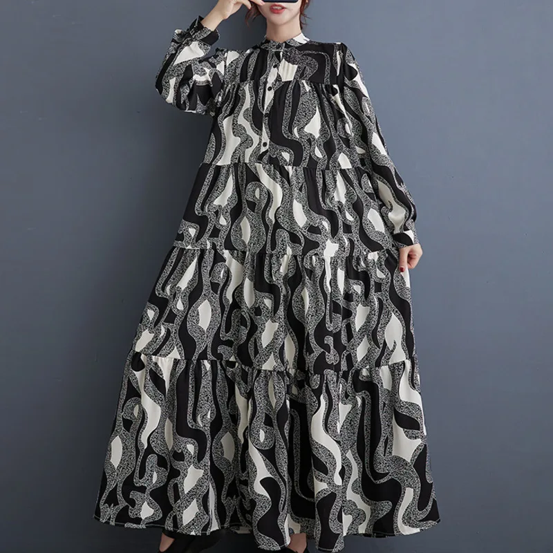 #3713 Spring Vintage Printed Long Shirt Dress Women Loose Korean Fashion Buttons Retro A-line Dress Long Sleeve Split Joint 