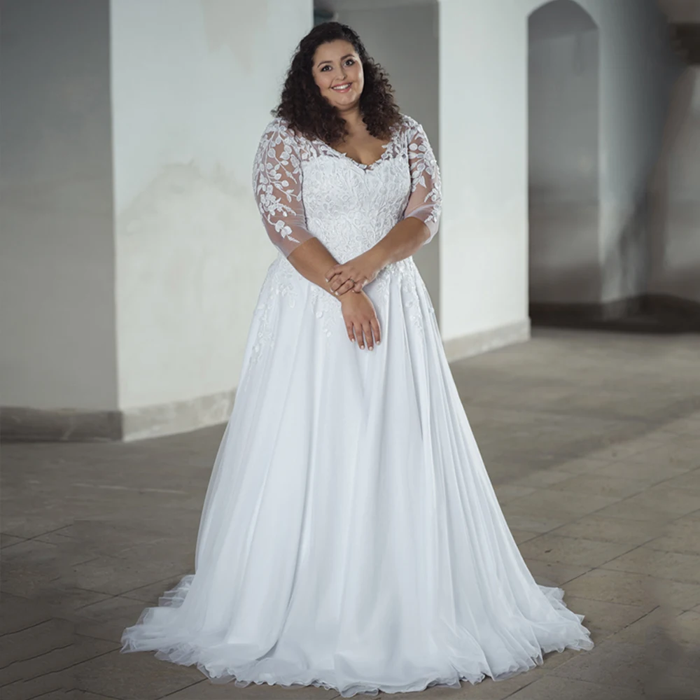 Vestidos De novia con cuello en V, manga De tres cuartos, línea A, Apliques De encaje, tren De barrido