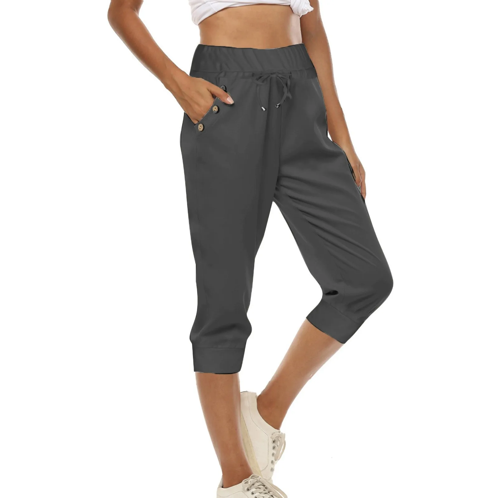 

Women Casual Capris Pants Solid Color Low Rise Drawstring Pockets Sports Fitness Gym Pants Ladies Summer Capri Trousers