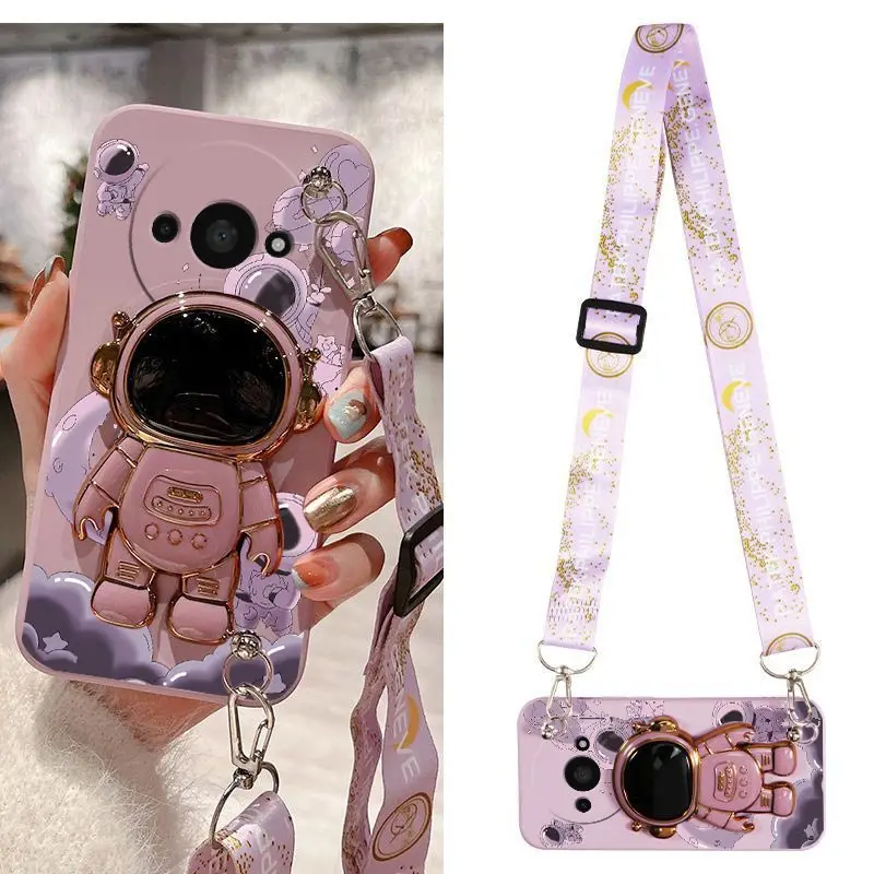 A3 Cartoon Astronaut Lanyard Silicone Holder Phone Case For Xiaomi Redmi A3 Shatterproof Protection Redmi A3 Soft Back Cover