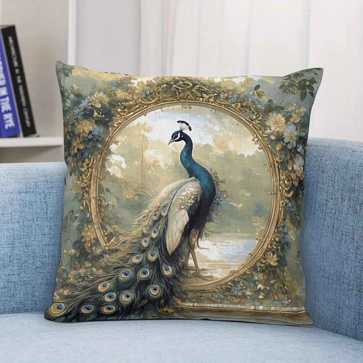 1pc Elegant Living Room Peacock Pillow Cover, Polyester 2-Sided Print, Regency Floral Frame Art, Sophisticated Home Decor Gift