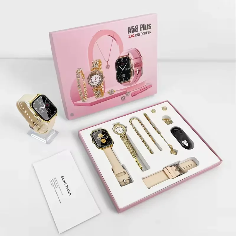 New A58 Women Smart Watch Gift + Diamond Quartz Watch + Necklace + Earrings + Ring + Bracelet Bluetooth Call Sports Smartwatch