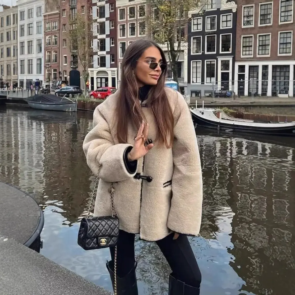 

Winter Women's Faux Fur Coat European American Style round Neck Long Sleeve Women's Clothing