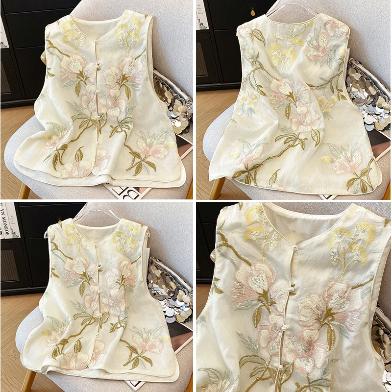 

New Chinese Sle Lightweight Embroidered Vest Women's Summer Svel T Top with Button Detail round Neline