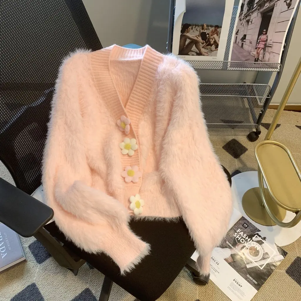 

Women's Soft Mink Velvet Knitted Cardigan V-neck 3D Flower Sweater Jacket Gentle Style Autumn Winter New Arrival