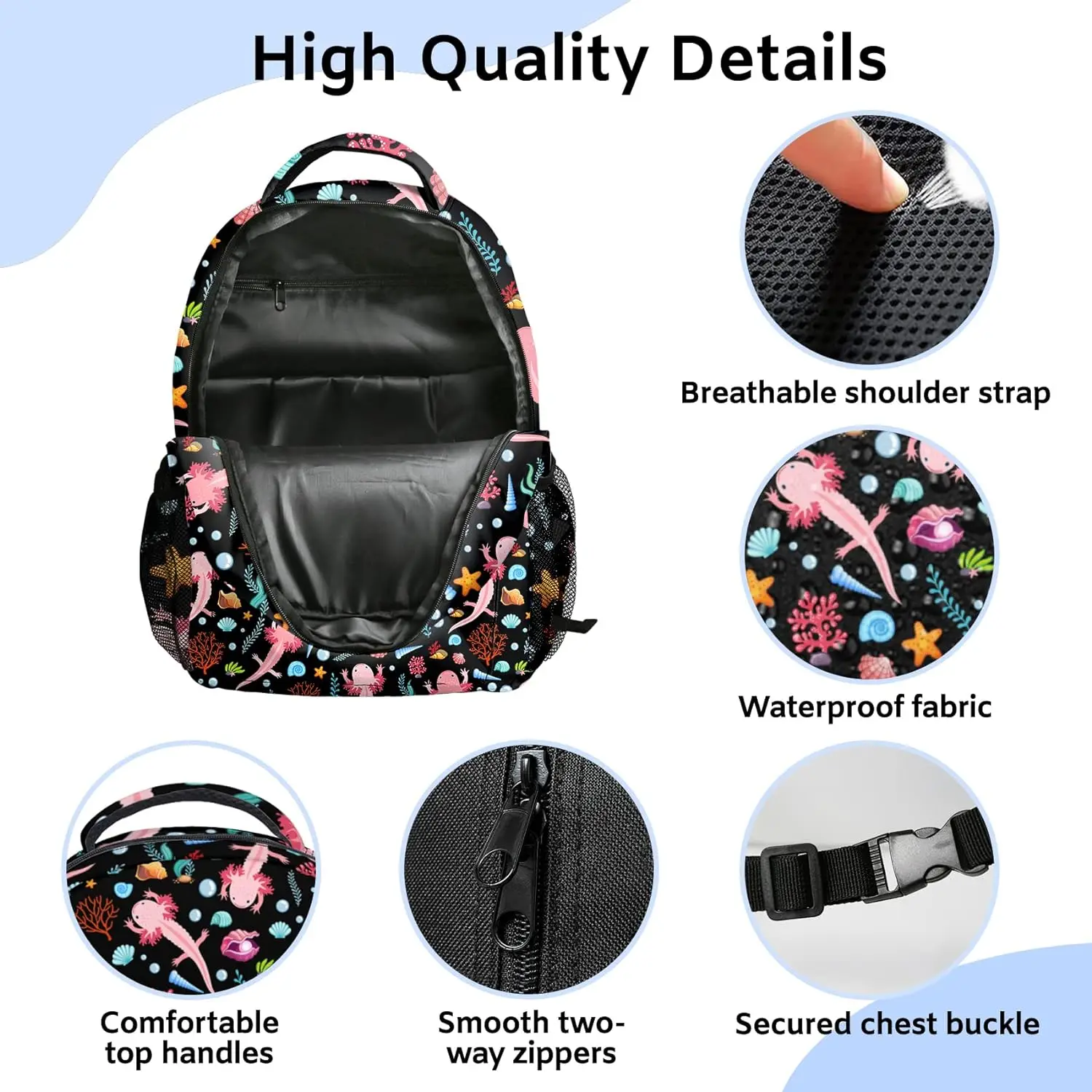 Black Axolotl Print Kids Backpacks for Girls Boys Middle-School Elementary Bookbags 17 Inch Waterproof Lightweight Schoolbag