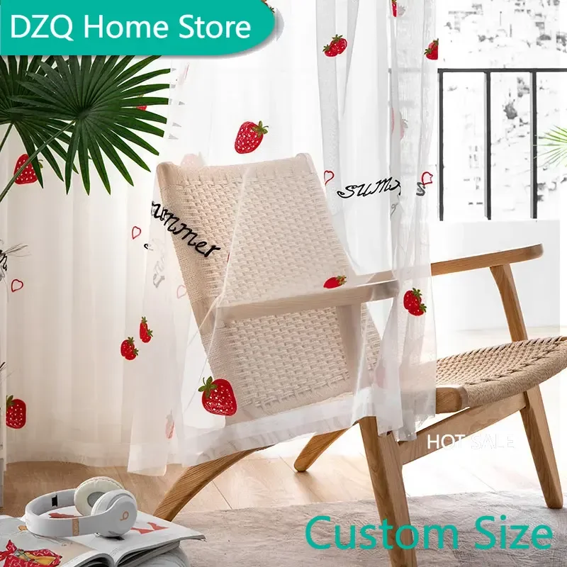 

Strawberry Embroidered Tulle Window Curtains for Living Room, White Sheer Curtain for Girl, Voile Curtain for Kid's Bedroom Door