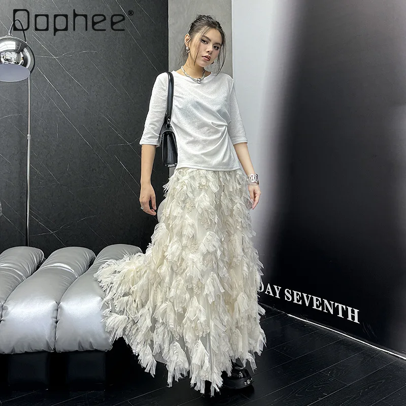 

Streetweear Feather Tassel Sequined Design Long Skirt Women 2024 Summer New American Fashion Elegant High Waist A- Line Skirts