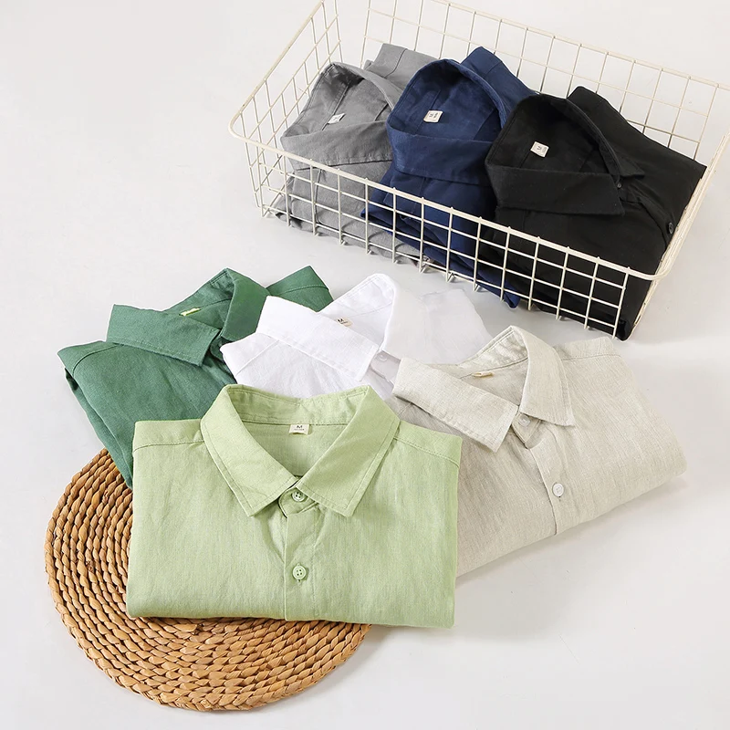 Premium Casual Solid Shirts For Men Long Sleeve Pocket Sunscreen Summer Top Quality Thin Linen 100% Breathable Camisas De Hombre