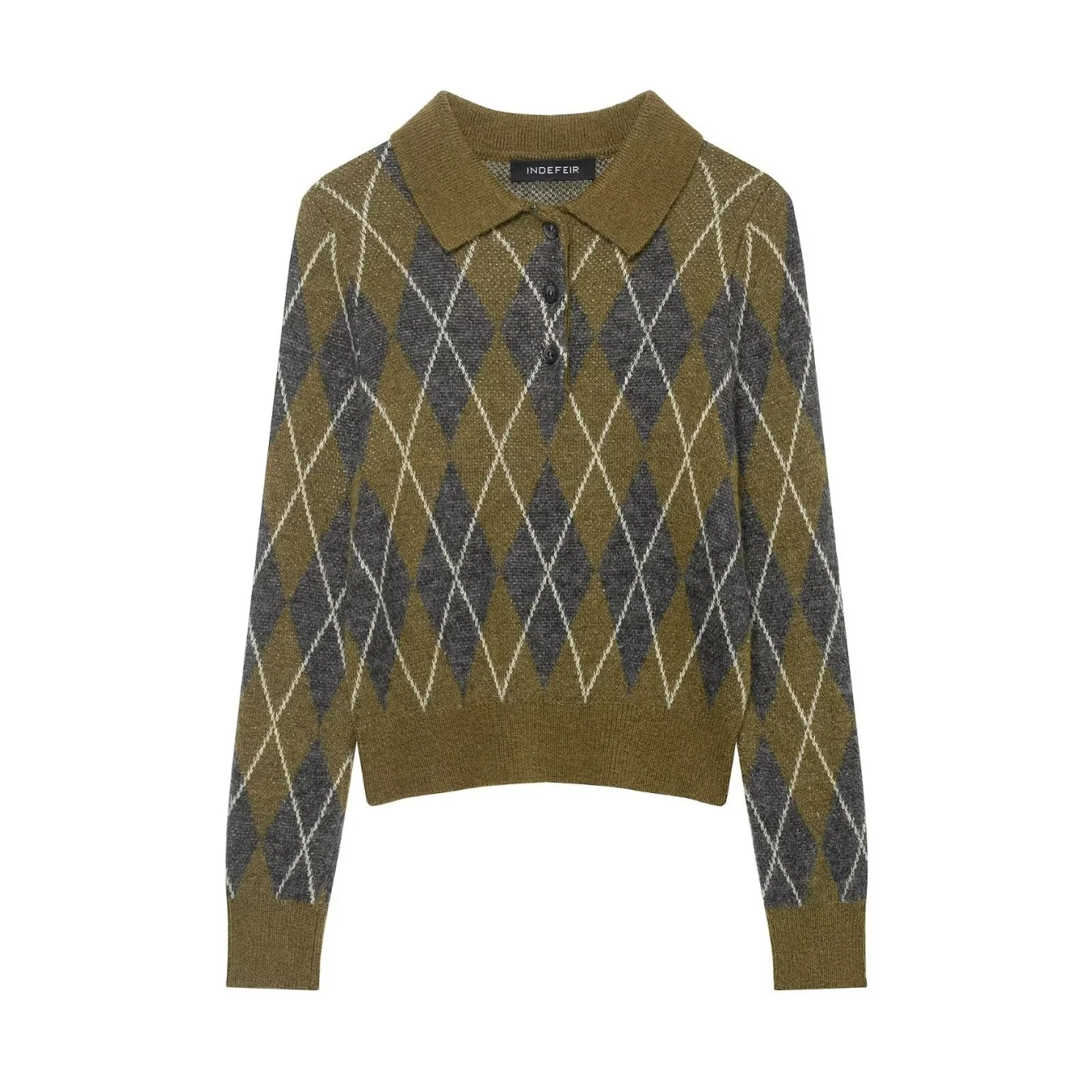Women Knitted Pullover Autumn Winter New Female Vintage Argyle Long Sleeve Polo Collar Knit Sweater Casual Fashion Versatile Top