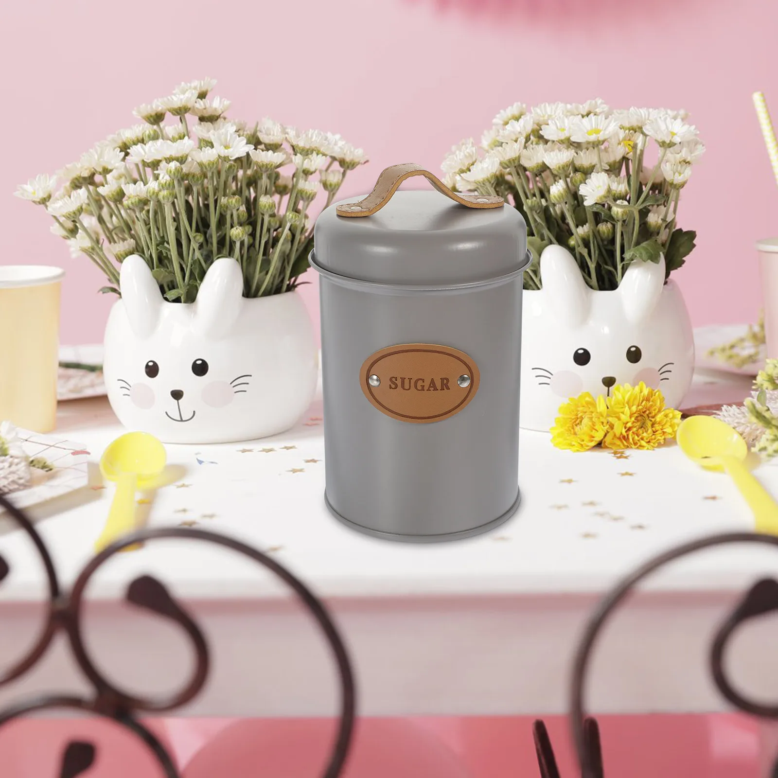 

Metal Sugar Cans Tea Coffee Canisters Storage Iron Dusting Container with Lid Holder