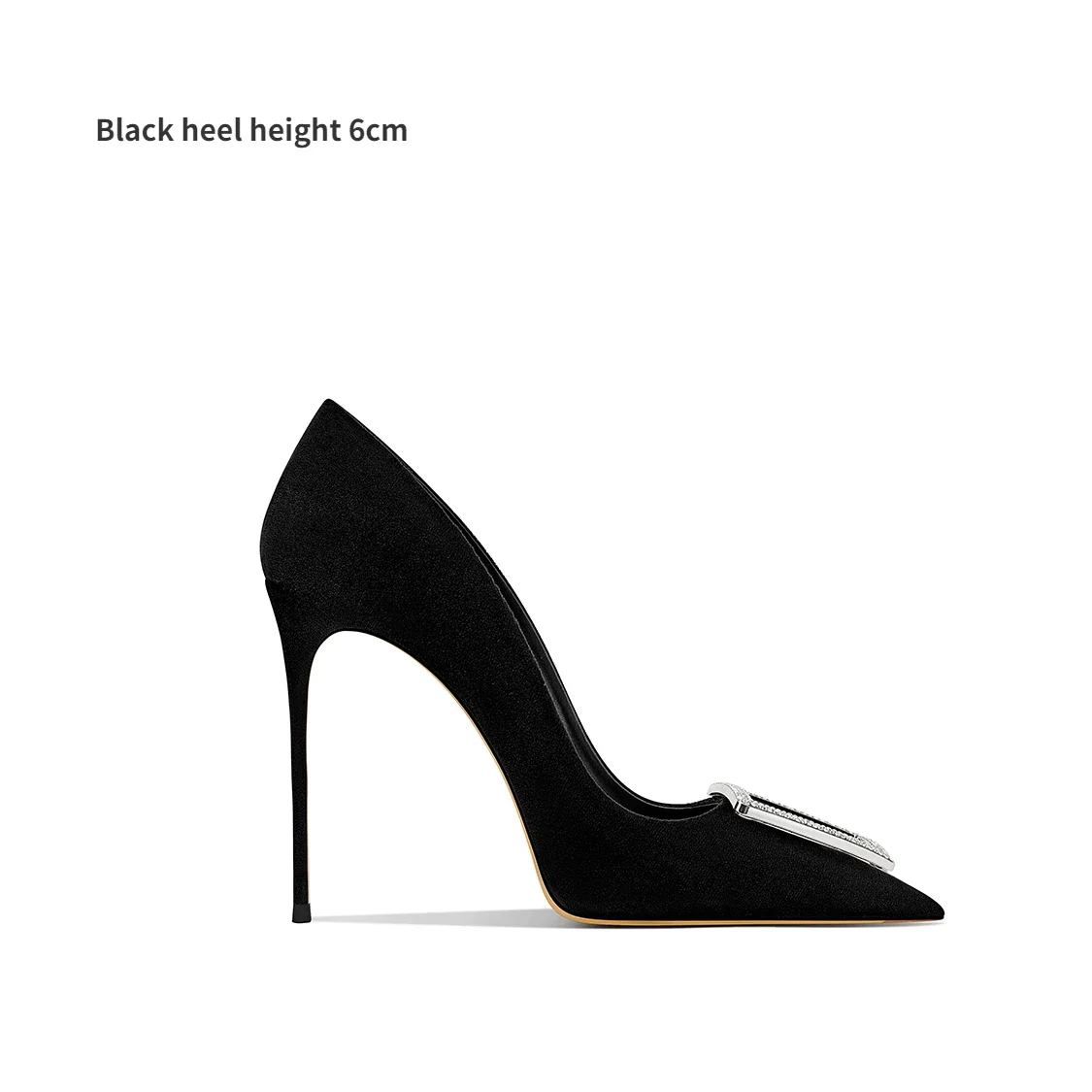 2024 Spring New Women's Shoes Square Buckle Black Sheepskin Pointed Shallow Mouth 10cm Thin Heel High Heels