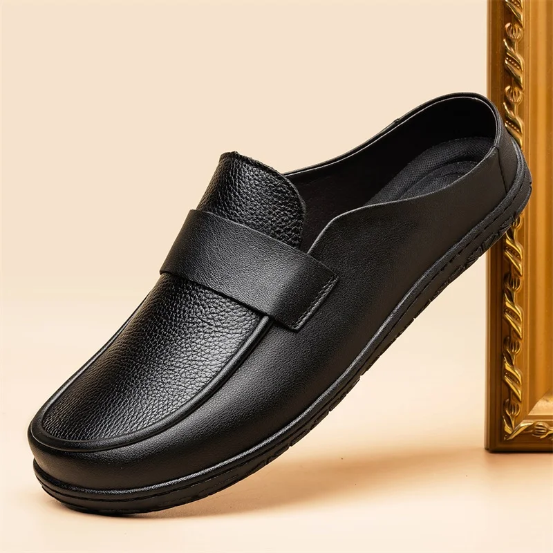 Big Size 50 Genuine Leather Mules Men half slippers Backless Casual Shoes Woman Open Back Loafers Slip-on Flats Slides Sandals
