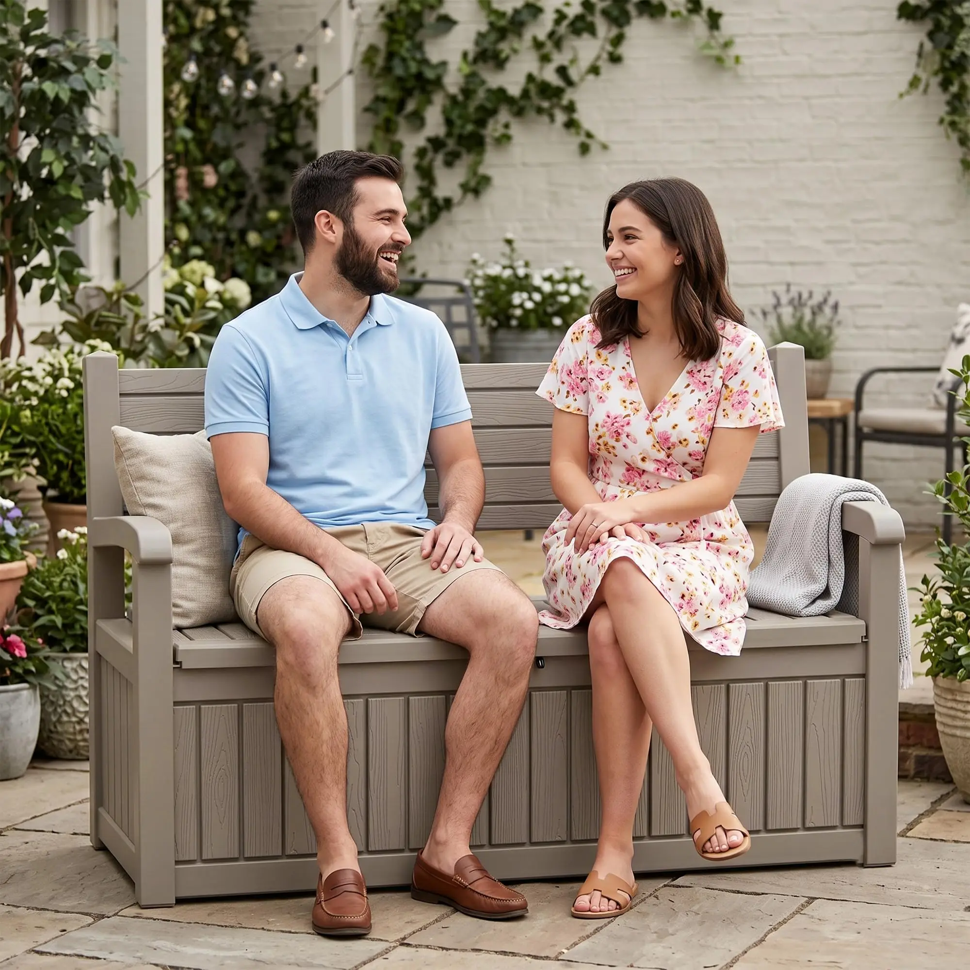 100 Gallon Outdoor Storage Bench Deck Box Waterproof Resin Lockable UV Resistant Benches Furniture Outside Porch Patio