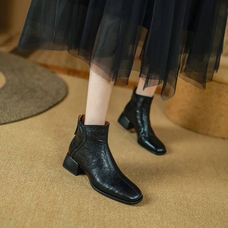 

NEW Autumn Women Boots Gnueine Leather Shoes for Women Square Toe Chunky Heel Shoes Black Zip Ankle Boots Handmade Modern Boots