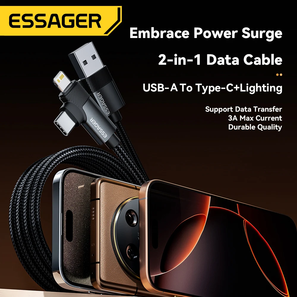 Essager 2-in-1 Right Angle Cable USB A To Typec Lighting 3A Fast Charging Elbow Data Cable For iPhone 16 15 14 Samsung iPad Pro