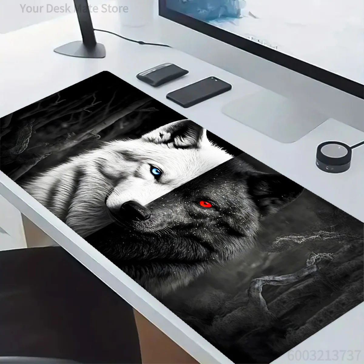 Großes Gaming-Mauspad mit Schwarz-Weißem Wolfskönig-Design, Rutschfeste Basis, Robust für Desktop, Laptop, Schreibtischunterlage, Bürozubehör