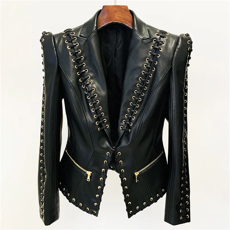 Sheepskin Coatสําหรับผู้หญิงใหม่ฤดูใบไม้ร่วง2025ไก่Eye TieเชือกSlim FitปกแขนยาวหนังเทียมPUผู้หญิงเสื้อ