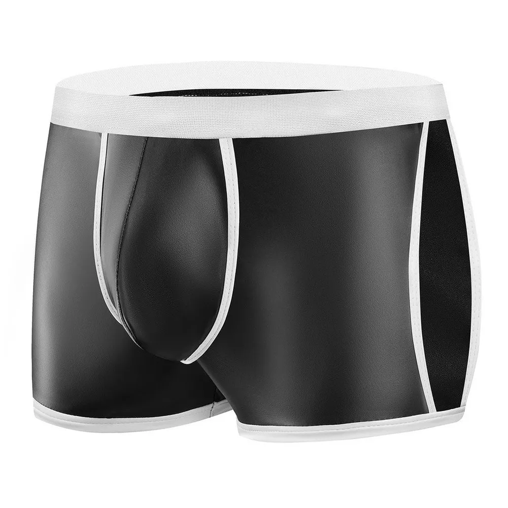 Men's Matte PULeather Underwear Solid Bulge Pouch Side Hollow Out Boxer Shorts Flat Corner Panties Lingerie For Men