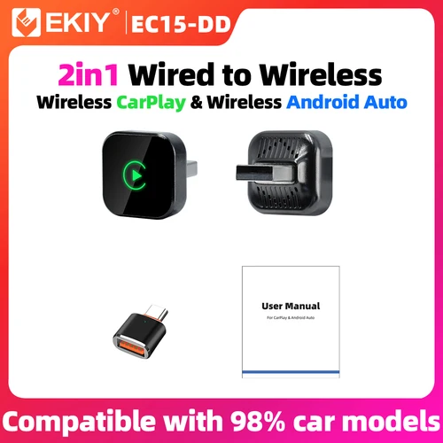 EKIY 2 en 1 Dongle inalámbrico CarPlay adaptador inalámbrico Android Auto AI caja inteligente sistemas inteligentes de coche para coche con CarPlay con cable