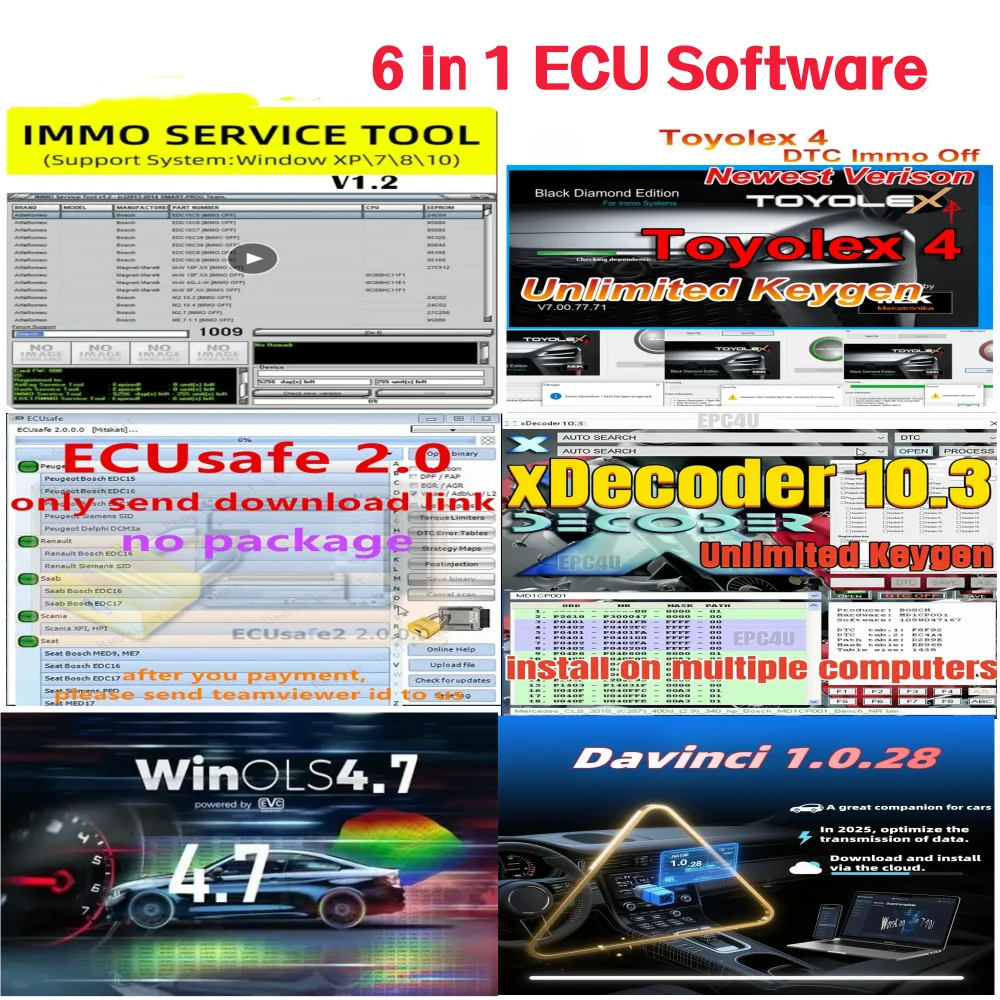 برنامج 6 في 1 وحدة التحكم الإلكترونية WinOLS 4.7 XDecoder 10.3 ECUsafe 2.0 TOYOLEX 4 DaVinci 1.0.28 خدمة IMMO ​ برنامج إصلاح السيارات TOOL V1.2