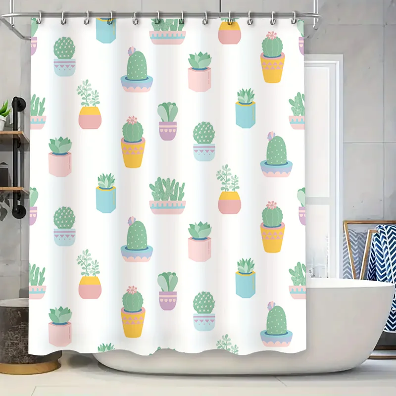 

Charming Cactus Print Shower Curtain for Bathroom Decoration White with Pastel Colors Pattern