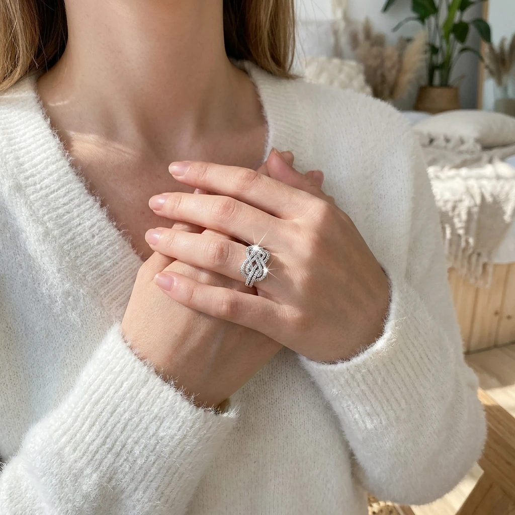 Kreuzknoten-Ring aus Kubischem Zirkonia und Kupfer für Frauen, Verflochtenes Seil-Design, Symbolischer Minimalistischer Stapelbarer Fingerschmuck – Detail 3