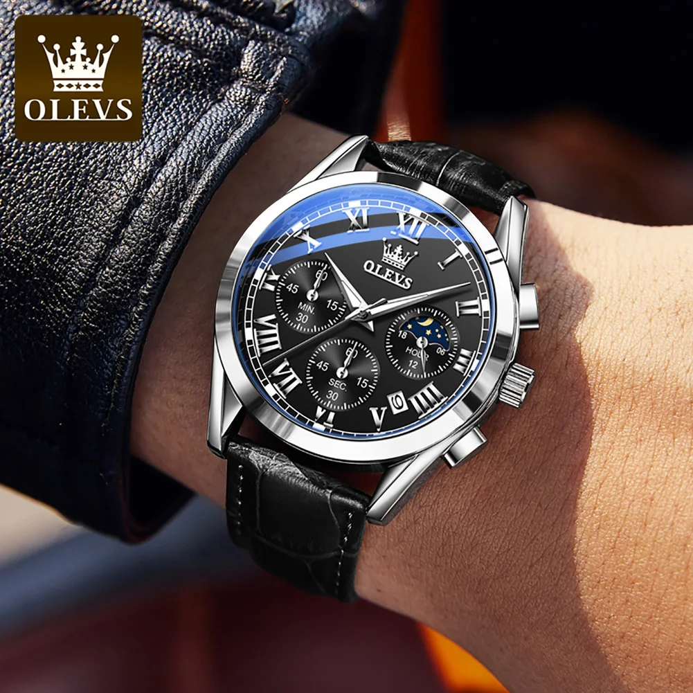 OLEVS 2871 Men's Watch Lunar Phase Timing Code Watch Waterproof Leather Strap Luxury Brand Men's Quartz Watch Reno Masculino