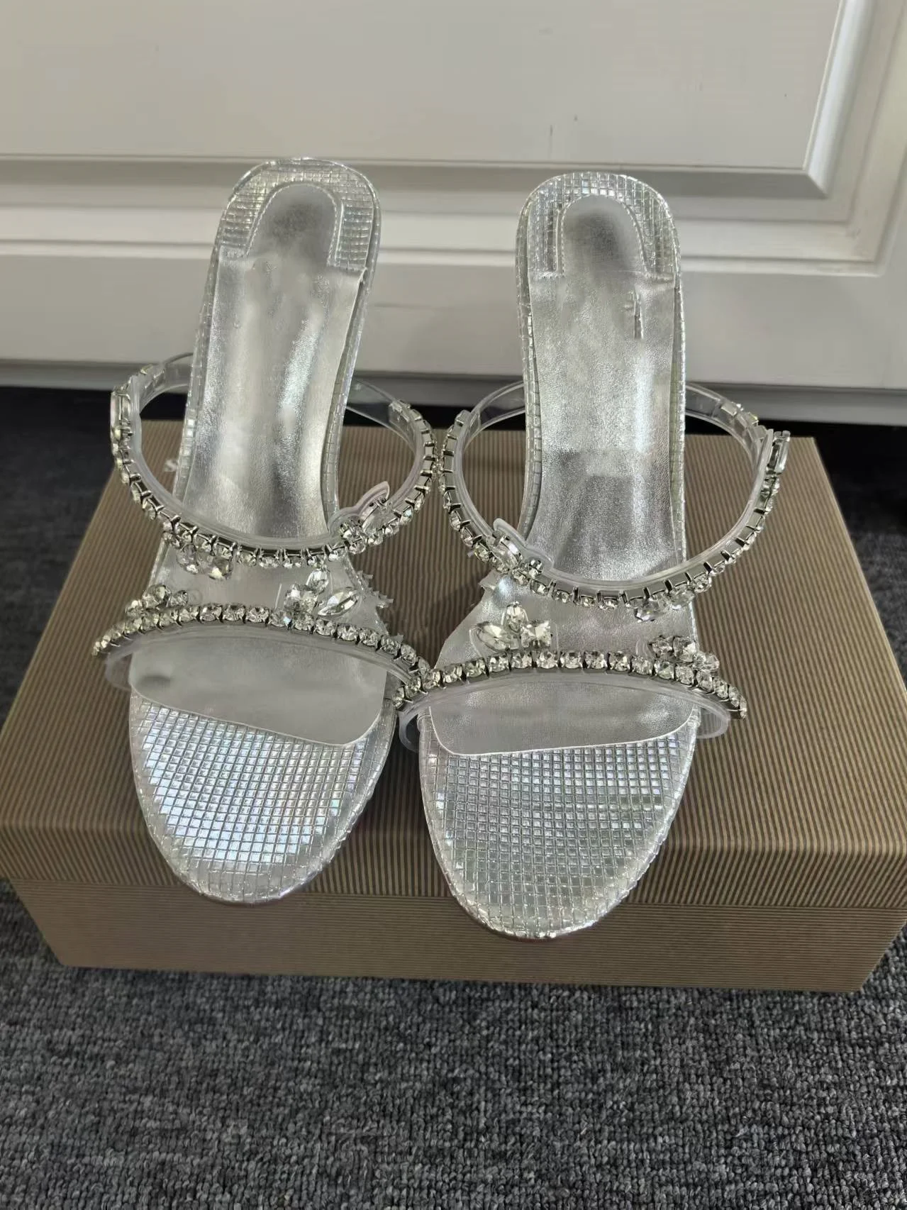 Bling Crystal Silvery Round Toe Summer Women Sandals Stiletto High Heels Slip On Design Large Size Party Shoes