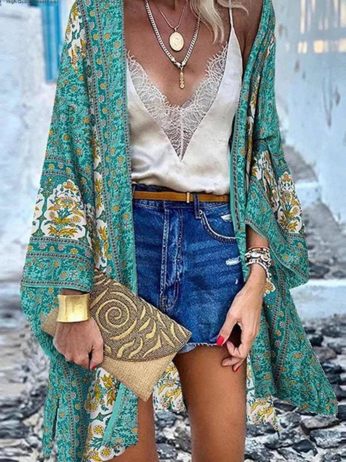 

Women's Boho Fleach Cardigan Blouse Top irt Summer Cleanfit Waist-Cinching ort Sve Cotton Blend 24