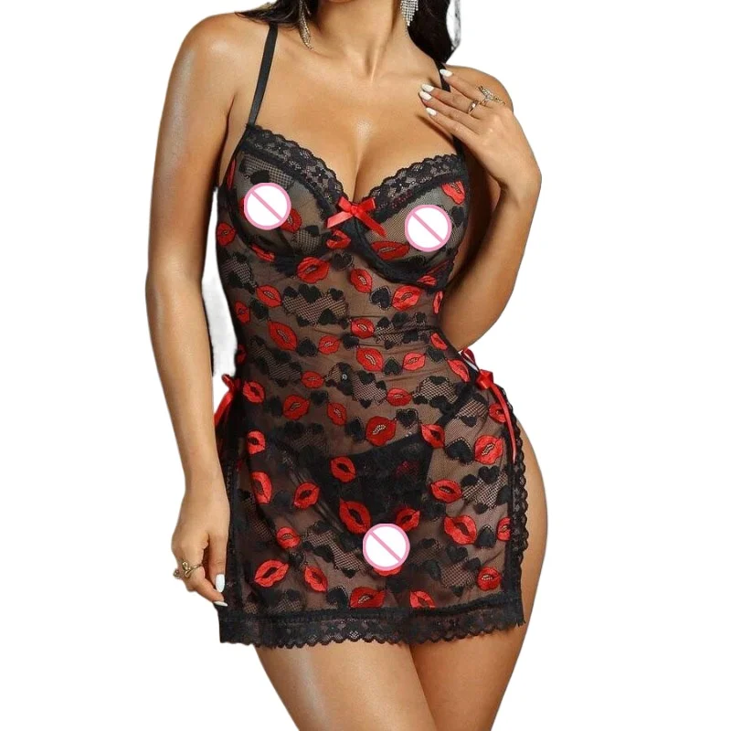 Women's Pajamas  Sexy Lingerie  Lip-print V-neck Sheer Nightgown  Lace Slit Halter Dress Thong Set   Night Wear   Sexy Sleepwear