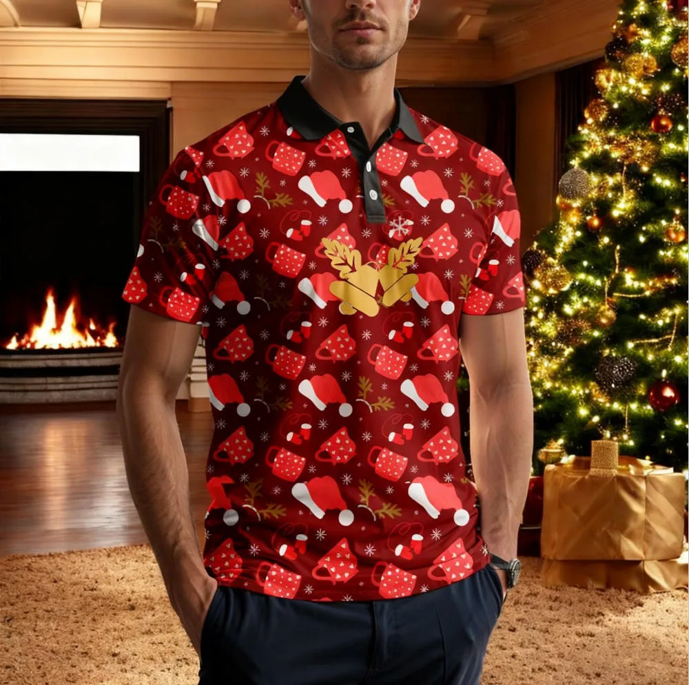 قميص بولو بتصميم مطبوع جديد لعيد الميلاد لعام 2026 قميص بولو بياقة وأزرار لأعلى للبالغين والأطفال، بولو مصعد بالكامل #3