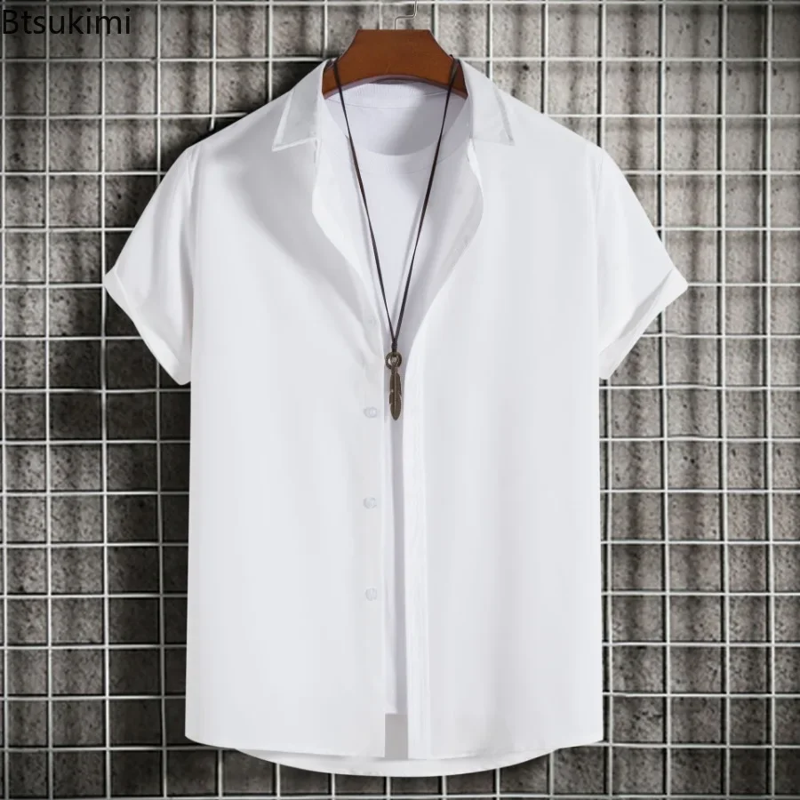 New Short Sleeve Shirts for Men Fashion Solid Casual Lapel Cardigan Tops Men Comfort Single-breasted Blouse Summer Beach Shirts