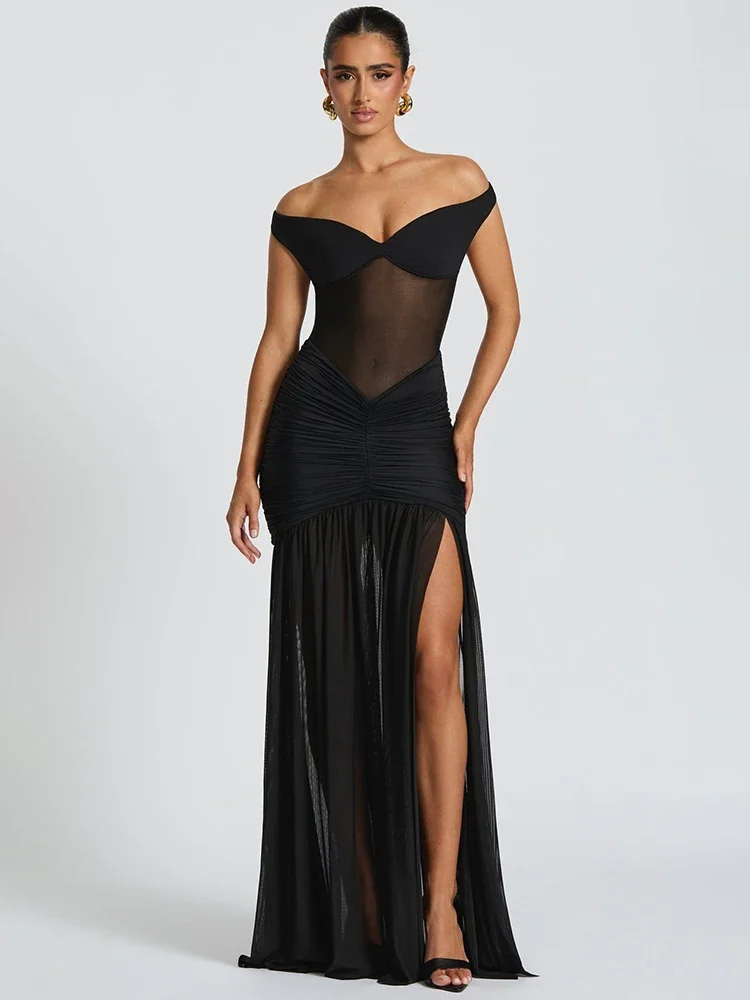 Off-shoulder Backless Sexy Maxi Dress Women Gown Halter Sleeveless Backless Thigh High Split Club Party Long Dress